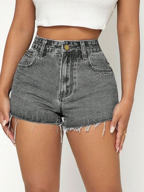 Women's Casual Denim Shorts With Pockets And Frayed Hem Grey Casual   Denim Plain Straight Leg Non-Stretch  Women Clothing, size features are:Bust: ,Length: ,Sleeve Length: Grey Denim Shorts, Casual Denim Shorts, Bow Shorts, Slim Fit Top, Dark Jeans, Elegant Dresses Long, Grey Denim, Denim Shorts Women, Knit Tees