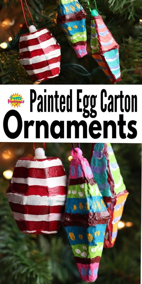 egg cartons painted with acrylic paint to look like vintage ornaments Christmas Craft With Recycled Materials, Christmas Craft With Egg Cartons, Diy Christmas Ornaments From Recycled Materials, Egg Carton Thanksgiving Crafts, Egg Carton Garland, Christmas Crafts With Egg Cartons, Egg Crate Christmas Crafts, Egg Carton Christmas Decorations, Recycled Ornaments For Kids