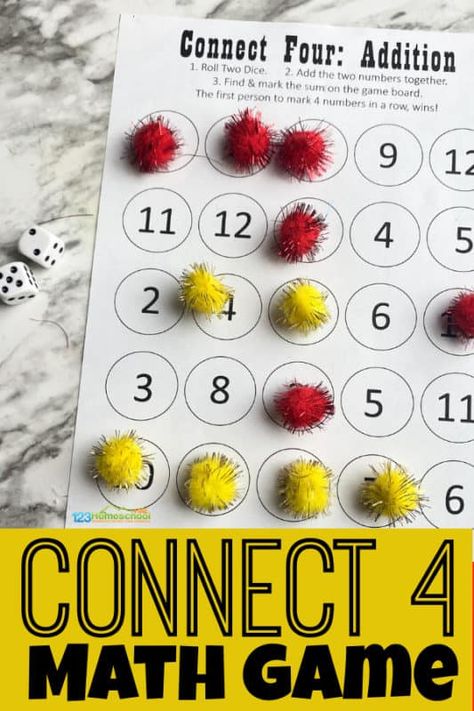 Connect four has been a favorite game of mine since childhood. It is simple, competitive and quick. We switched it up a bit and made this printable connect four math version for preschool, pre-k, kindergarten and first grade students to practice addition while having fun playing a math game. There are three versions of this connect 4 cool math - addition, numbers 1-6 and numbers 1-12. Kids will enjoy playing this over and over strengthening important skills. Simply download pdf file with connect Connect Four Addition, Thanksgiving Math Worksheets, Pre K Math, Math Addition Games, Printable Math Games, Math Tubs, Mathematics Games, Cool Math, Library Crafts