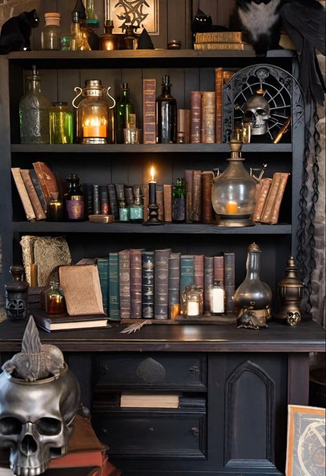 Dark Academia Bookcase Aesthetic, Dark Academia Bookshelf Decor, Gothic Bookshelf Decor, Wizard Bookshelf, Witch Workspace, Haunted Library Aesthetic, Gothic Library Aesthetic, Dark Bookshelf Styling, Goth Library