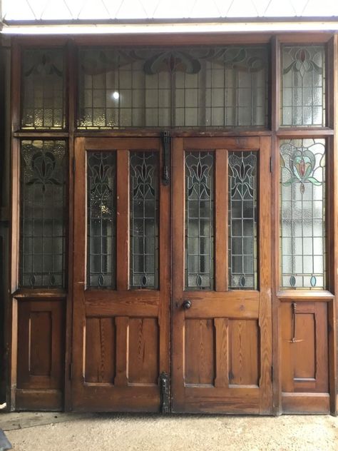 Grand 18th Century Chapel Double Doors w Stained Glass - Authentic Reclamation Stained Glass Doors Entrance Victorian, English Farmhouse Doors, Vintage Glass Front Door, Stained Glass Wooden Door, Victorian Sliding Doors, Leaded Glass French Doors, Double Dutch Front Door, Stained Glass Entry Doors, Victorian Double Doors