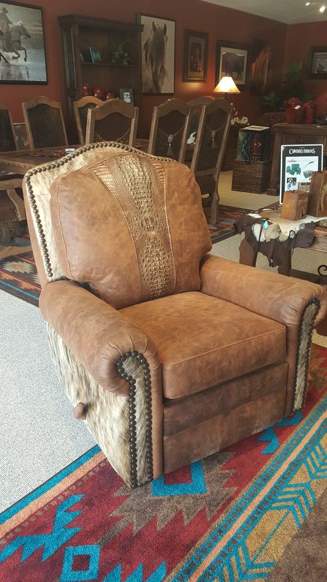 Rustic comfort! This recliner rocks and swivels! Distressed top grain leather with genuine cowhide on the sides and front arm posts.  And let's not forget the copper croc embossed leather down the middle of the seat back cushion! Brown Recliner, Western Ideas, Rustic Comforter, Swivel Rocker Recliner Chair, Distressed Top, Western Furniture, Mountain Style, Mountain High, Library Decor