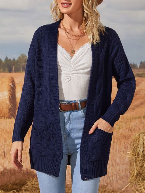 Navy Blue Cardigan Outfit, Blue Cardigan Outfit, Plain Cardigan, Navy Blue Cardigan, Cardigan Outfits, Cardigan Fashion, Knitted Cardigan, Open Front Cardigan, Trendy Fashion Women