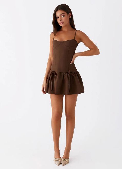 Running Late Mini Dress - Chocolate – Peppermayo US Gameday Fits, Hen Party Dress, Hen Party Outfits, Brown Mini Dress, Running Late, Fit Ideas, Strapless Tops, Festival Dress, Dressy Tops