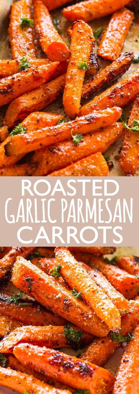 Roasted Garlic Parmesan Carrots - An easy, family favorite roasted carrots recipe tossed with the most flavorful garlicky and buttery parmesan cheese coating. The carrots come out sweet, tender and really delicious. #carrotssidedish #easter #cheese Garlic Parmesan Carrots, Parmesan Carrots, Carrots Side Dish, Roasted Carrots Recipe, Carrots Recipe, Roasted Vegetable Recipes, Cooked Carrots, Carrot Recipes, Veggie Side Dishes