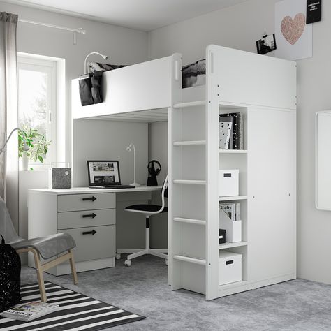 SMÅSTAD Loft bed - white gray/with desk with 4 drawers - IKEA Loft Bed Ideas For Small Rooms, Bed With Desk Underneath, Loft Beds For Teens, Ikea Bunk Bed, Ikea Loft Bed, Loft Beds For Small Rooms, Grey And White Bedding, Beds For Small Rooms, Loft Bed Plans