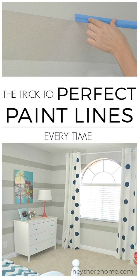 Easy painting tip! How to paint perfect paint lines even on textured walls with just this one easy extra step. You've got to do this if you're painting stripes on walls!  #paintingtips #wallcolor #griege #stripes #DIY #paint #color #DIYtips #DIYproject #kidsrooms #kidbedrooms #accentwall #focalwall via @heytherehome Painting Stripes On Walls, Painting Walls Tips, Textures Murales, Painting Walls, Striped Walls, Interior Painting, Paint Stripes, Paint Line, Interior Paint Colors