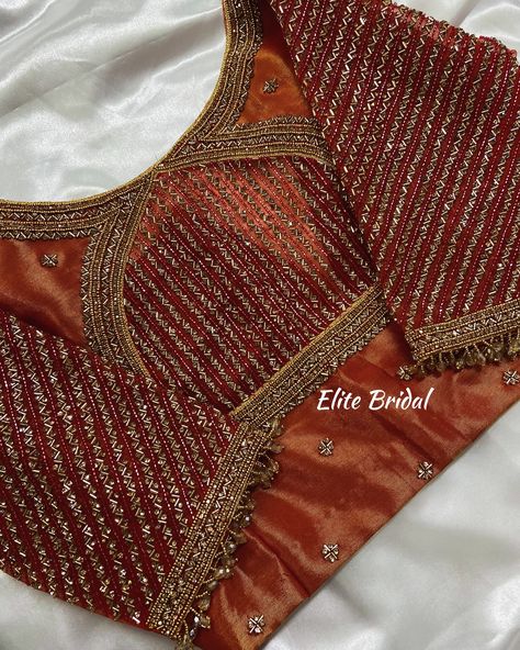 Gorgeous Stone Work Blouse 🧡✨ Aari Blouses, Stone Work Blouse, Handwork Blouse, Pattern Blouses, Silk Saree Blouse Designs Patterns, Maggam Blouse, Aari Design, Latest Bridal Blouse Designs, Bridal Blouses