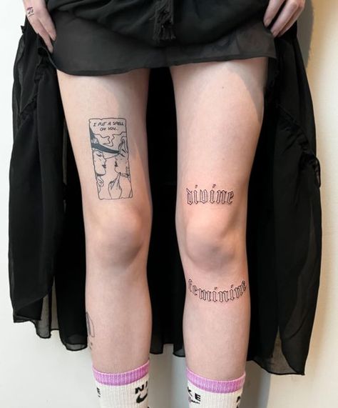 Minimal Knee Tattoos Women, Horizontal Above Knee Tattoo, Divine Feminine Tattoo Above Knee, Divine Feminine Knee Tattoo, Female Above Knee Tattoo, Thigh Knee Tattoos Women, Knee Writing Tattoo, Knee Lettering Tattoo, Knee Tattoos Words