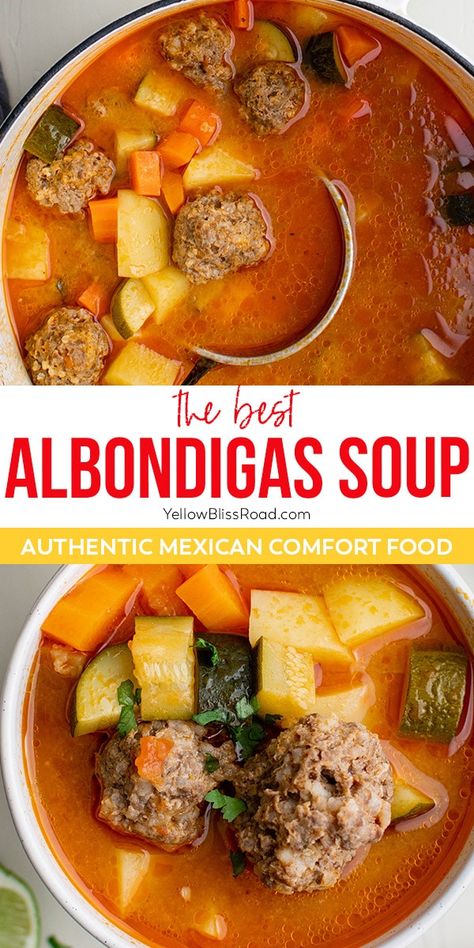 Albondigas Soup is a made with beef & rice meatballs, potatoes and zucchini in a rich tomato broth and will quickly become a family favorite. Meatballs Potatoes, Albondigas Soup Recipe Mexican, Rice Meatballs, Potatoes And Zucchini, Albondigas Soup Recipe, Mexican Meatball Soup, Albondigas Soup, Mexican Soup Recipes, Mexican Comfort Food