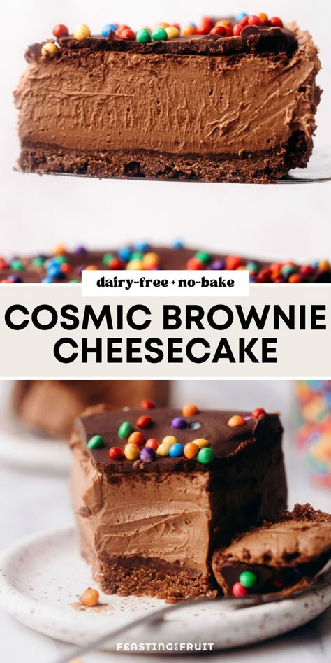 Dig into a slice of this decadent cosmic brownie cheesecake with a chocolate crumb crust, silky dairy-free no-bake cheesecake filling, and nostalgic candy sprinkle top! Chocolate Crumb Crust, Chocolate Brownie Cheesecake, Dairy Free Ganache, Feasting On Fruit, Clafoutis Recipes, Crumb Crust, Dairy Free Cheesecake, Chocolate Crumbs, Cosmic Brownies