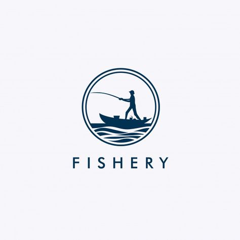 Fishery logo with fisherman silhouette | Premium Vector #Freepik #vector Fisherman Logo Design, Fishing Logo Design Ideas, Fishing Logo Design, Fisherman Logo, Fishing Logos, Fisherman Silhouette, Logo Site, Fishing Logo, Summer Logo