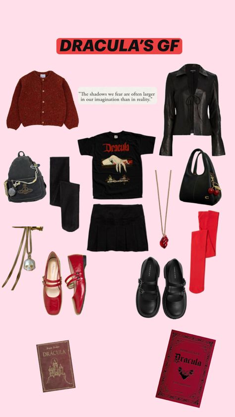 Dracula's GF," featuring gothic-inspired fashion. It includes a red cardigan, a black leather jacket, a "Dracula" graphic T-shirt, a pleated black skirt, black and red tights, and a black bag with red cherry accents. Accessories include necklaces with heart and skull pendants. The shoes are red and black Mary Janes. Additional elements include a backpack with a Saturn emblem and a red "Dracula" book. The overall aesthetic blends gothic and vintage styles with dark, romantic touches. Dark Romantic Style, Romantic Style Outfit, Dracula Book, Pleated Black Skirt, Black Mary Janes, Red Tights, Dark Romantic, Black Pleated Skirt, Red Cherry