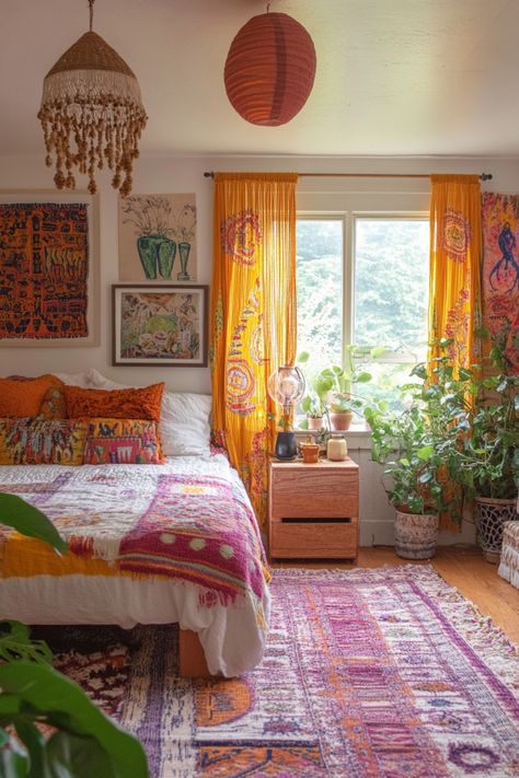 See exactly how to style a dark boho bedroom with these tips and tricks. Boho Bedroom Maximalist, Mid Century Modern Bedroom Aesthetic, Boho Girly Bedroom, Boho Colorful Bedroom, Boho Apartment Aesthetic, Colorful Bedroom Aesthetic, Girly Bedroom Ideas For Women, Bright Bedroom Ideas, 70s Style Bedroom