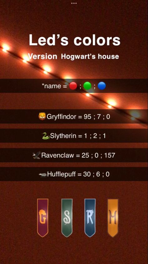 Harry Potter Led Light Colors, Hogwarts Houses Colors, Harry Potter Led Lights, Christmas Led Lights Diy, Christmas Led Lights Diy Colors, Led Light Combos, Custom Led Light Colors, Led Lights Diy Colors, Led Combinations