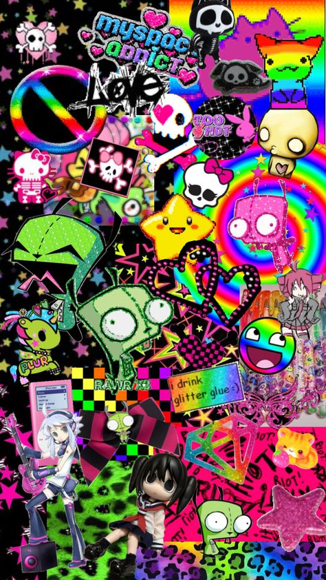 #emo #scene #hellokitty #invaderzim #myspace Scene Kid Wallpaper, Scene Emo Wallpaper, Scenecore Wallpaper, Scene Core Wallpaper, Uicideboy Wallpaper, Scene Pfp, Scenecore Art, Scene Core, Scene Wallpaper