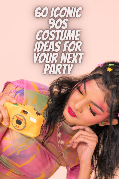 Woman in a colorful 90s-style shirt and bold makeup holding a yellow camera, with text overlay "60 Iconic 90s Costume Ideas for Your Next Party." 90s Toys Costumes, 90s Characters Costumes, Iconic 90s Costume, 90s Theme Halloween Costumes, 90s Pop Culture Costume, 90’s Fancy Dress, 90 Costume Ideas, Iconic 90s Characters, 90s Costume Ideas Woman Movie Characters