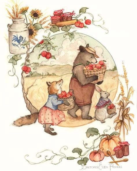 Fox Storybook Illustration, Whimsical Autumn Art, Autumn Nature Drawing, Whimsical Woodland Art, Gretchen Ellen Powers, Autumn Watercolor Paintings, Autumn Art Prints, Storybook Art Illustrations, Woodland Painting