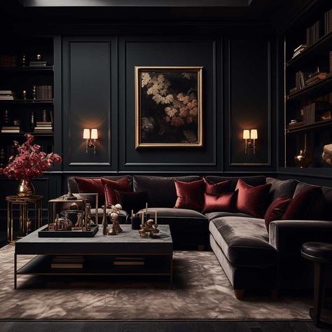 Dark Academia Living Room, Dark Living Room Ideas, Dark Academia Interior, Moody Interior Design, Moody Living Room, Snug Room, Dark Living Rooms, Dark Home Decor, Black Living Room