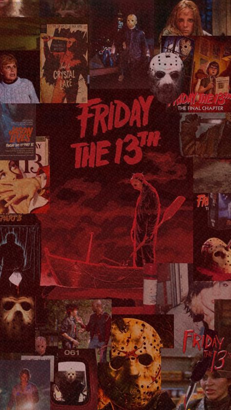 #horror#collageart#movie#halloween#fall #viral#fyp#wallpaper#red Horror Movie Collage, Movies Collage, Jason Friday, Movie Collage, Slasher Film, Horror Movie Icons, Wallpaper Red, Crystal Lake, Horror Characters