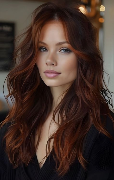 Brown red copper Winter Red Hair Color Ideas, Auburn Hair Color Cool Skin, Subtle Auburn Hair Brunettes, Red Blonde Balayage Copper Fall Hair, Copper Hair With Auburn Lowlights, Fall Hair Copper Brown, Dark Copper Hair Olive Skin, Copper Hair For Brown Eyes, Brown On Top Red On Bottom Hair