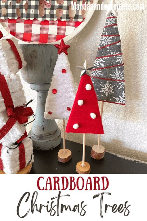 Oh Christmas Tree, Oh Christmas Tree, I’d never know you were made of cardboard! This easy to make DIY Christmas Tree Decor can be made with just a few supplies from your craft stash, and just a couple of bucks. You can use yarn, ribbon, twine, or anything you can wrap around, so get to wrapping! #diychristmasdecor #diycrafts Yarn Cardboard Craft, Cardboard Yarn Christmas Tree, Cardboard And Yarn Christmas Tree, Christmas Tree With Cardboard, Cardboard Xmas Tree Diy, Yarn Christmas Tree On Wood, Cardboard Christmas Tree, Yarn Trees, Reclaimed Wood Christmsd Tree