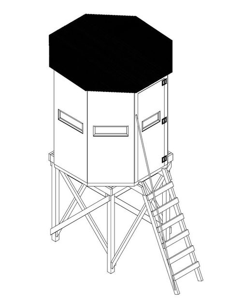 9 Free DIY Deer Stand Plans: Free Octagon Deer Blind Plan Elevated Deer Blind, Diy Deer Stand, Deer Blind Plans, Deer Hunting Stands, Deer Stand Plans, Shooting House, Bow Hunting Deer, Hunting Stands, Deer Blind