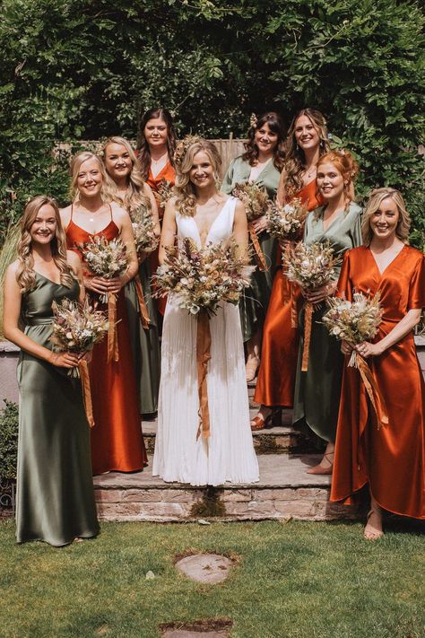 Autumnal Wedding Bridesmaids, Burnt Orange And Dark Green Bridesmaid Dresses, Burnt Orange And Olive Green Wedding Bridesmaid Dresses, Western Fall Wedding Bridesmaid Dress, Rust Wedding Dress Bridesmaid, Fall Rust Bridesmaid Dresses, Olive And Copper Bridesmaid Dresses, Burned Orange Bridesmaid Dresses, Olive Green And Rustic Orange Wedding