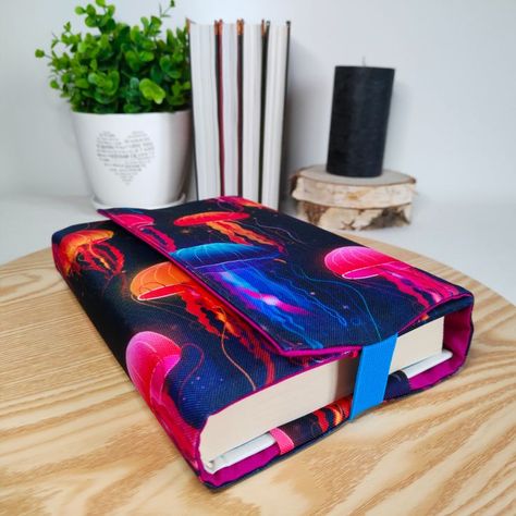 Colourful Jellyfish, Adjustable Book Cover, Planner Bag, Colorful Jellyfish, Emprendimiento Ideas, Fabric Book Covers, Book Protector, Mobile Home Decorating, Book Pouch