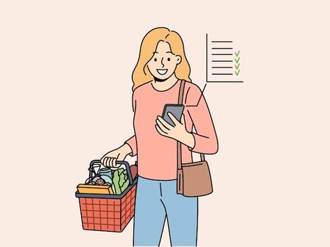 Smiling woman grocery shopping with list... | Premium Vector #Freepik #vector #buyer #people-shopping #shopping-store #retail Woman Grocery Shopping, Woman Smiling, Minimal Drawings, Smiling Woman, Buying Groceries, Graphic 45, Art Dress, Grocery Shop, Grocery Shopping