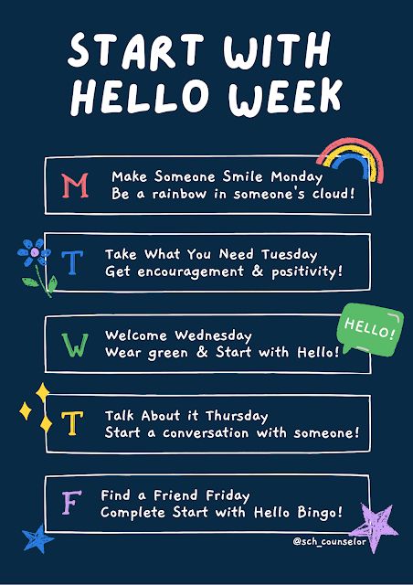 Start With Hello Week Ideas, Hope Week Ideas, Start With Hello Week Activities, Hope Squad Activities, College Welcome Week Ideas, Kindness Spirit Week Ideas, Hope Squad Week Ideas, Student Council Elementary School Ideas, Elementary Student Council Ideas