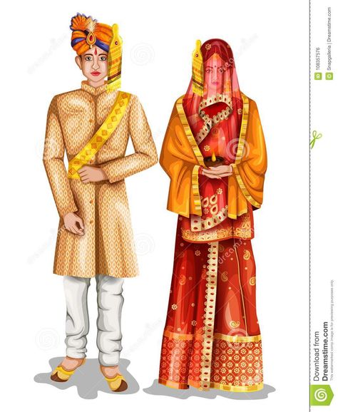 Uttar Pradesh Traditional Dress, Traditional Dress Men, Rajput Painting, Figure Mehendi, India Illustration, Groom Cartoon, Bride Fashion Illustration, Traditional Couple, Couple Illustration Wedding