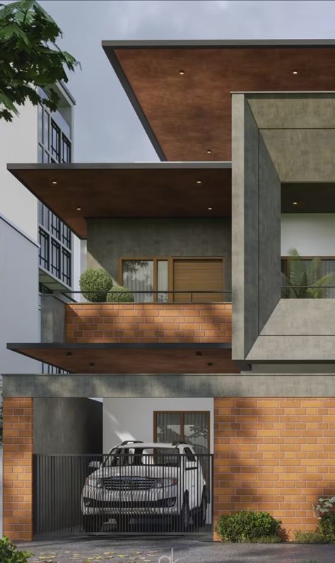 Contemporary Slope Roof Design, G 3 Front Elevation Design Modern, Balcony Exterior Design, Brick Roof, Exterior Elevation, Modern Bungalow House Design, House Balcony Design, Duplex Design, Bungalow Exterior