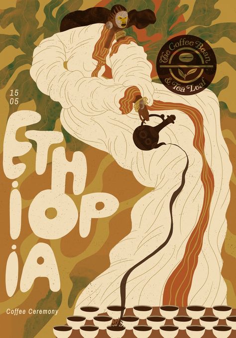 Coffee Brand Illustration, Coffee Art Illustration Graphic Design, Coffee Hamper, Ethiopia Coffee, Coffee Ceremony, Coffee Magazine, Skyline Image, Coffee Poster Design, Museum Exhibition Design