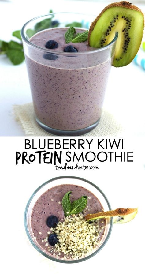 A smoothie recipe with natural protein thanks to the hemp seeds! Blueberry and kiwi pair so well together too! #vegan Natural Protein Smoothie, Apricot Smoothie, Protein Recipe, Protein Smoothies, Kiwi Smoothie, Nutribullet Recipes, Best Smoothie Recipes, Natural Protein, Easy Smoothies