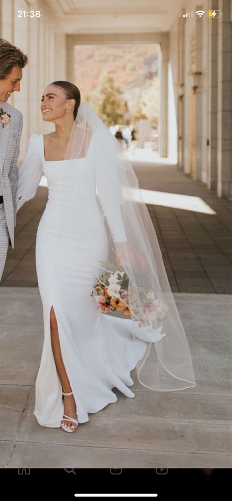 Warm Wedding Dress Winter, Simple Wedding Dresses Long Sleeve, White Wedding Dresses Simple Long Sleeve, Long Sleeved Simple Wedding Dress, Long Sleeve Lwedding Dress, Minimalist Long Sleeve Wedding Dresses, Chic Wedding Dress With Sleeves, Classic And Elegant Wedding Dresses, Long Sleeve Wedding Dress Classic