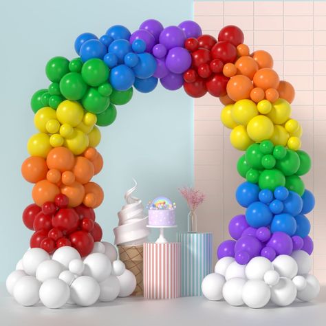 PRICES MAY VARY. RAINBOW BALLOONS ARCH: This is a beautiful colorful rainbow balloons arch for party you are looking for which contains red, orange, yellow, green, blue, purple and white balloons, assorted color rainbow balloons. PACKAGE INCLUDES: Rainbow balloons arch kit is 175 pcs set which contains 15 pcs 12 inch balloons and 10 pcs 5 inch balloons for red, orange, yellow, green, blue, purple balloons, a balloons strip and 100 pcs balloon glues are available. A rainbow balloons arch is easy Ballon Art, Rainbow Balloon Arch, Rainbow Party Decorations, Rainbow Theme Party, Colorful Birthday Party, Kids Graduation, Metallic Balloons, Balloon Kit, Rainbow Birthday Party