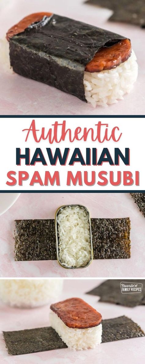 With this easy recipe, you can make your own authentic Hawaiian Spam Musubi at home! You'll feel like you flew to Hawaii to try this tasty handheld Hawaiian snack. You can easily make a Musubi mold out of a mini SPAM can. Then you can easily assemble your Spam Musubi using nori, the Musubi mold, sushi rice, and cooked Spam. Hawaiian Spam Musubi Recipe, Hawaiian Spam Musubi, Flight To Hawaii, Spam Musubi Recipe, Musubi Recipe, Spam Can, Spam Recipes, Sushi Roll Recipes, Spam Musubi