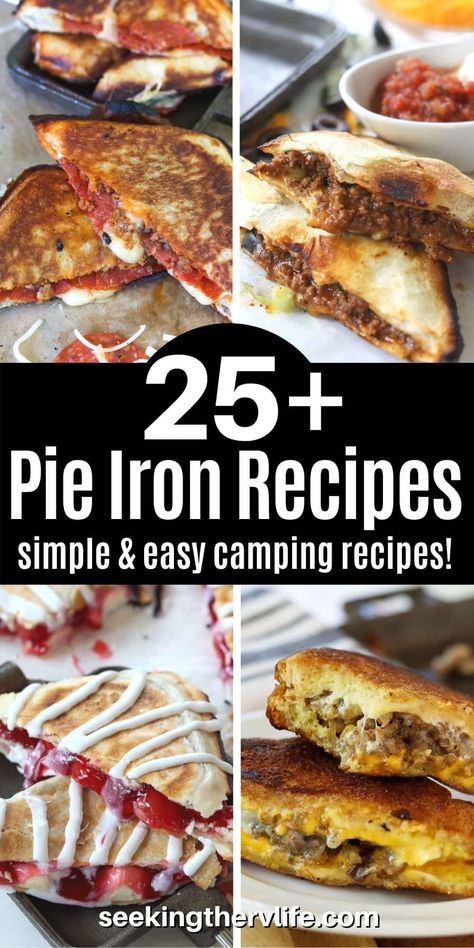 25+ Pie Iron Recipes (Perfect Pudgie Pies) that are so fun and tasty to make! Perfect camping food or a FUN staycation idea! :) From Pie iron recipes campfire desserts (cherry pie, apple pie, and), breakfast recipes like blueberry french toast, and campfire dinner ideas pudgie pie tacos, chicken pot pies - and so much more. #campingfood #pieironrecipe #pudgiepies #tonkatoaster #campfirepies #campfiredesserts #RVcooking #firepies Pie Iron Recipes Campfire, Campfire Dinner Ideas, Pudgie Pies, Camping Food Pie Iron, Pudgie Pie, Pudgy Pie Recipes, Pie Iron Cooking, Pudgy Pie, Mountain Pies