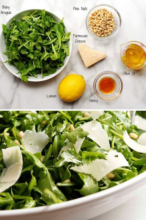 Of the Arugula Salad recipes I've tried this simple version is the best! Just peppery arugula tossed in a dressing of fresh lemon juice, good olive oil and a kiss of honey. Sprinkles of parmesan cheese and pine nuts make it irresistible! Easy Arugula Salad, Arugula Salad Recipes, Dinner Side, Salad Recipes For Dinner, Arugula Salad, How To Make Salad, Arugula, Delicious Salads, Soup And Salad