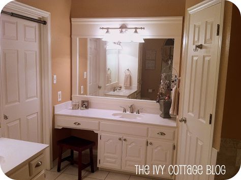 Neutral Master Bathroom Remodel – Remodelaholic Bathroom Mirror Makeover Frames, Room Mirror Ideas, Mirror Upgrade, Bathroom Mirror Makeover, Large Bathroom Mirrors, Bathroom Mirror Frame, Mirror Makeover, Builder Grade, Large Bathrooms