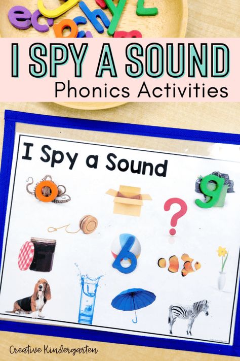 I Spy a Sound are fun and engaging phonics activities that you can use to work on letter sounds with your kindergarten students. This is a fun way to work on phonemic awareness and onset sounds. Use for whole group lessons, literacy centers, morning tubs, morning work or for guided groups. Kindergarten Letter Sound Games, H Phonics Activities, Phonics A Activities, Language And Literacy Activities For Kindergarten, Phonic Center Kindergarten, Whole Group Alphabet Activities, Phonics Centers For Kindergarten, Fun Letter Sound Activities, Beginning And Ending Sounds Activities