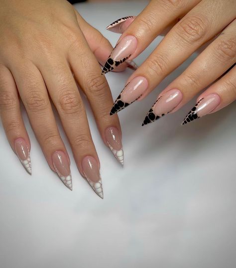 Black And White Nail Tip Designs, Stiletto Black French Tip Nails, Unique White French Tip Nails, Different Types Of French Tip Nails, White French Tip Designs, French Tip Designs Nails, Black And White French Nails, Black French Tip Nails With Design, Black And White French Tip Nails