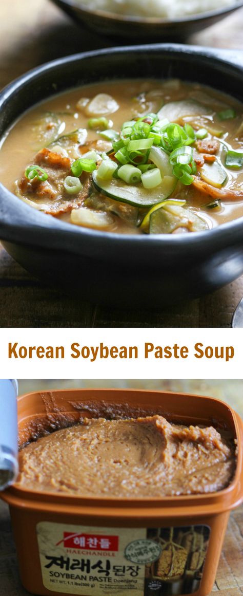 Soybean paste soup is a popular everyday dish in Korea. It is typically served in a hot earthenware pot and made with assorted vegetables, red meat or seafood and fermented soybean paste. Recipes With Soybean Paste, Soybean Paste Stew, Korean Soybean Soup, Korean Soybean Paste Recipes, Soybean Paste Recipes, Korean Soups And Stews, Soybean Soup, Soybean Paste Soup, Korean Soup Recipes