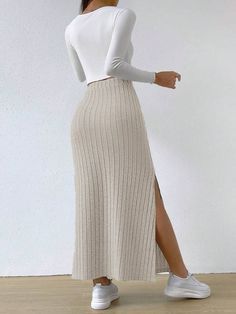 SHEIN EZwear High Waist Split Thigh Skirt | SHEIN Thigh Skirt, High Waist Long Skirt, Knitted Skirt, Clothing Model, Knit Maxi Skirt, Knit Midi Skirt, Long Skirts For Women, Elegant Pattern, Late Fall