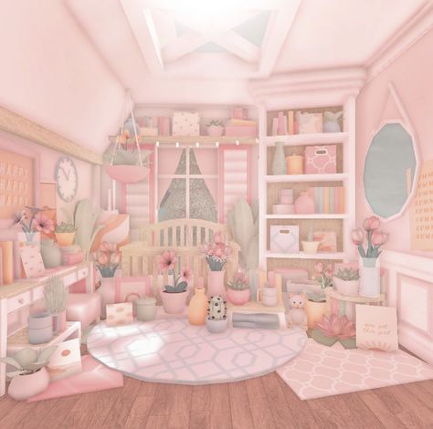 Blush Bloxburg Interior, Bloxburg Kitchen Ideas Pastel, Blush Pink Bloxburg House, Bloxburg House Pastel, Bloxburg Blush Room Ideas, Bloxburg Preppy House Ideas, Preppy House Bloxburg, Bloxburg Pastel House, House Interior Pastel