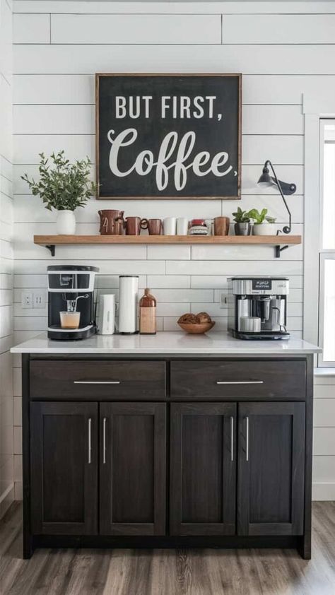 35+ Coffee Bar Ideas For Your Home Coffee Bar Ideas Small Spaces Kitchen, Coffee Bar Black And White, Coffee Bar For Bedroom, Entryway Coffee Bar, Coffee Bar Color Ideas, Kitchen Station Ideas, Coffee Aesthetic At Home, Coffee Bar Kitchen Ideas, Coffee And Bar Ideas For Home