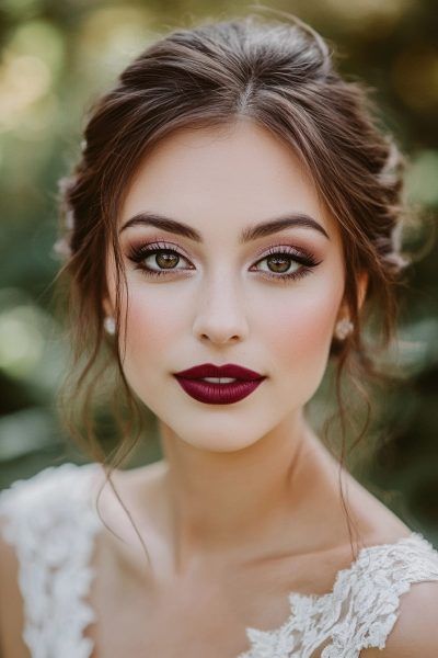 Lips Best Makeup For Burgundy Dress, Dark Lip Wedding Makeup, Autumn Wedding Makeup Brown Eyes, Wedding Makeup Red Lipstick, Bridal Makeup For Hazel Eyes Blonde Hair, Burgundy Lipstick Makeup, Dark Bridal Makeup, Elegant Makeup Looks, Wedding Makeup For Green Eyes