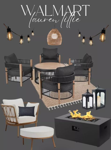 Black Modern Outdoor Furniture, Black And Wood Outdoor Patio, Walmart Backyard Ideas, Modern Back Patio Ideas, Black Chairs With Cushions, Black Patio Cushions Outdoor, Cozy Outdoor Patio Small, Black Rattan Patio Furniture, Black And Tan Patio Decorating Ideas