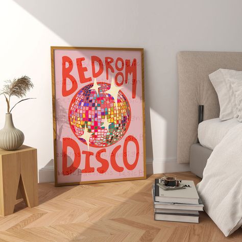 ❤WHAT YOU WILL GET❤ My cute kitchen disco print got a re-brand, with this new bedroom disco print! Get ready to shake, rattle and roll your way through your bedroom with this fun and funky Disco Print! With its bright pink and fun colours, you'll be sure to light up your room with a touch of disco fever. This eye-catching Disco Ball centrepiece will make any boudoir vibrant and enjoyable, while the shining stars will transport you to a world of music and fun. Make your bedroom the coolest spot in town - with this Disco Print! Watermark will not be present when printed - this is for all the thieves out there! Shame on you! ❤FRAMES ARE ONLY FOR ILLUSTRATION PURPOSES - NO FRAME INCLUDED❤ ❤ MADE TO ORDER - NO RETURNS - IF IT ARRIVES DAMAGED PLEASE MESSAGE ME ❤ ❤IDEAS ON WHAT TO USE IT FOR❤ * G Disco Bedroom, Bright Bedroom Colors, Funky Bedroom Decor, Artsy Apartment, Artsy Bedroom, Rainbow Bed, Kitchen Disco, Shake Rattle And Roll, Disco Ball Print